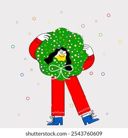 Playful female character holding colorful holiday wreath adorned with bow. Festive spirit. Creative colorful illustration. Winter season, Christmas and New Year holidays, warmth and coziness concept