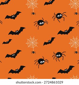 Un divertido y festivo patrón de Halloween con lindos murciélagos y arañas de estilo de dibujos animados esparcidos sobre un fondo naranja.