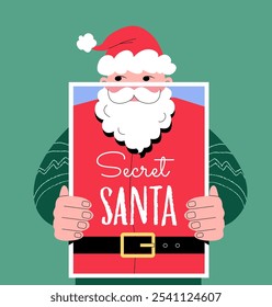 Playful and festive Secret Santa vector illustration. A person wearing a red Christmas hat holding a poster with Santa Claus illustration on it. Hidden identity of a gift giver