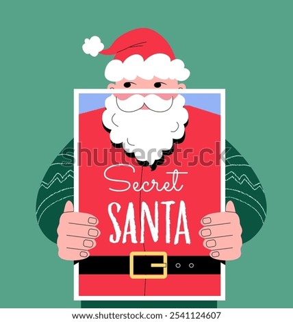 Playful and festive Secret Santa vector illustration. A person wearing a red Christmas hat holding a poster with Santa Claus illustration on it. Hidden identity of a gift giver