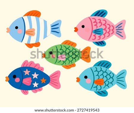 Playful fish collection in flat illustration for kids ocean theme. Perfect for children books, stickers, educational graphics, posters, and branding.