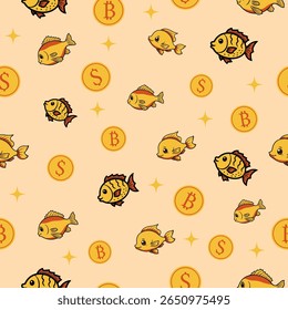Padrões de peixe brincalhão com criptomoeda moedas de arte digital divertido ambiente colorido design, padrão sem costura