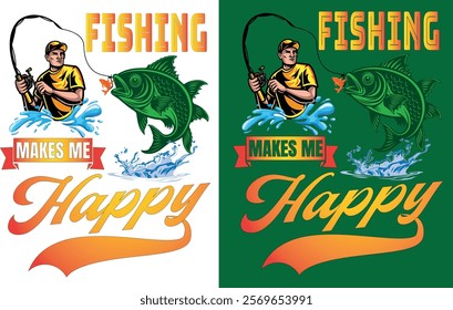 A playful "Fishing Makes Me Happy" T-shirt design featuring bold typography, fishing hooks, and waves, perfect for anglers and outdoor enthusiasts who love the joy of fishing!