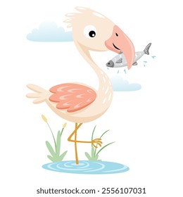 A playful flamingo holding a fish in its beak while standing on one leg in a whimsical, colorful cartoon illustration, vector illustration.