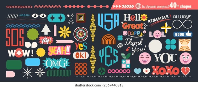 Playful flat abstract shapes sticker pack. Set of popular acronyms, phrases. Vector design in trendy retro cartoon style with geometric elements. All layered and grouped.