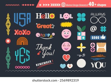 Playful flat abstract shapes sticker pack. Set of popular acronyms, phrases. Vector design in trendy retro cartoon style with geometric elements. All layered and grouped.