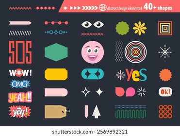 Playful flat abstract shapes sticker pack. Set of popular acronyms, phrases. Vector design in trendy retro cartoon style with geometric elements. All layered and grouped.