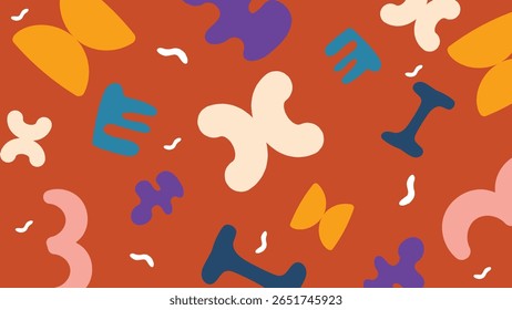 Playful flat doodles in cream, purple, blue, yellow, and pink over a rich red-orange base. Whimsical and youthful modern art style.