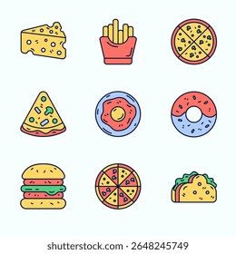 A playful flat icon illustration of popular snacks and fast food including pizza, fries, cheese, egg, burger, donut, and taco. Bright colors and clean lines make it perfect for food delivery apps
