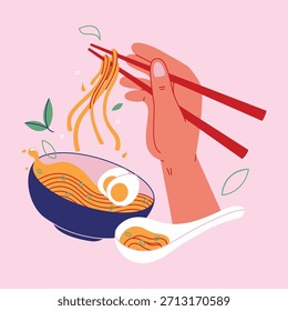 Playful flat illustration of a hand picking up noodles with chopsticks from a ramen bowl.