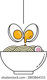 Playful Flat Style Bowl of Hot Ramen With Noodles and Sliced Egg Suspended Above a White Surface