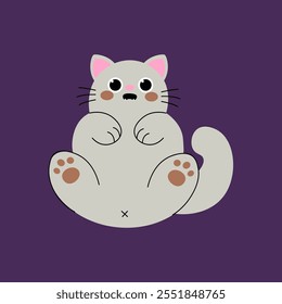 Playful flat style illustration of a cute gray cat sitting with paws up. Perfect for pet-themed designs, children's products, or cozy digital art.