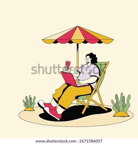 A playful flat style illustration of a digital nomad working remotely with a laptop and smartphone under a beach umbrella. Perfect for projects about freelancing, remote jobs