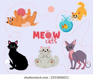 Ilustración de estilo plano juguetón con gatos lindos en varias poses con objetos como pecera y bola de hilo. Perfecto para tarjetas de felicitación, diseños para niños o decoración lúdica.