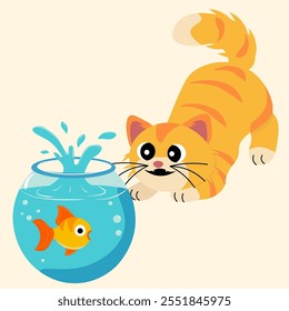 Playful flat style illustration of an orange cat interacting with a fish in a bowl. Bright and cheerful design suitable for children's products, greeting cards, or playful digital content.