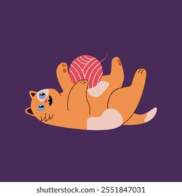 Playful flat style illustration of an orange cat lying on its back, playing with a pink ball of yarn. Ideal for pet-themed designs, children's products, and digital projects.