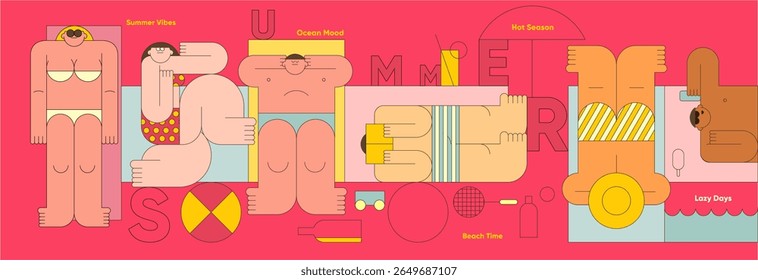 Playful flat vector illustration of people sunbathing and relaxing in summer. Bold geometric shapes, vibrant minimalism, and beach holiday mood. Perfect for poster, cover, or banner use. - Powered by Shutterstock - Get 15% off with code: PIKWIZARD15