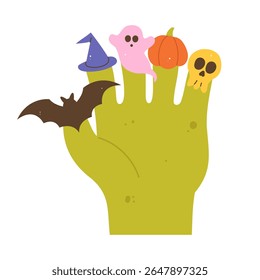 Ilustração vetor plana lúdica de uma mão zumbi com bonitos fantoches de dedo de Halloween