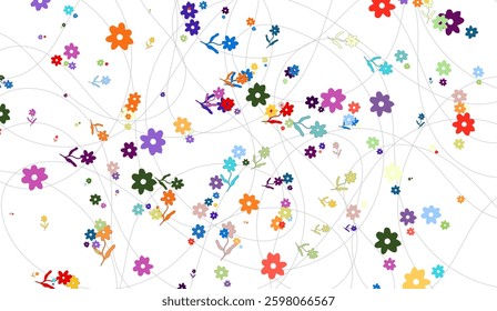 Playful floral chaos, a whimsical dance of vibrant blossoms and delicate lines creating a fresh and cheerful composition perfect for spring designs