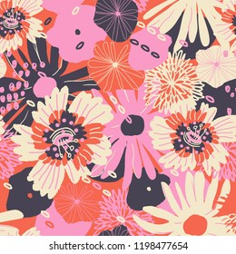 Playful floral pattern. Fashionable template for design. Vector.