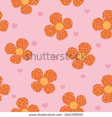 Playful floral pattern with orange flowers and pink hearts on pastel background, seamless vector
