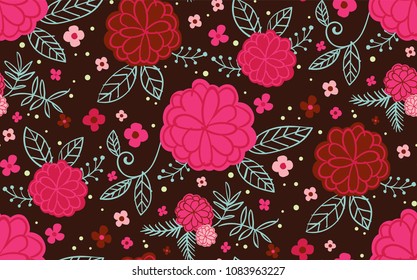 Playful floral pattern with red and pink flowers on a brown background