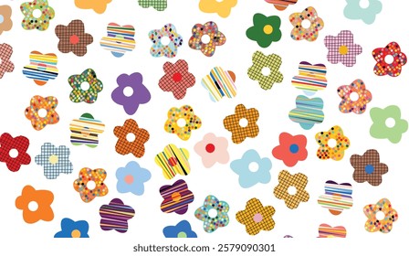 Playful Floral Pattern, A whimsical arrangement of colorful, abstract flowers with varied patterns and textures on a clean white backdrop, offering a cheerful and modern aesthetic,