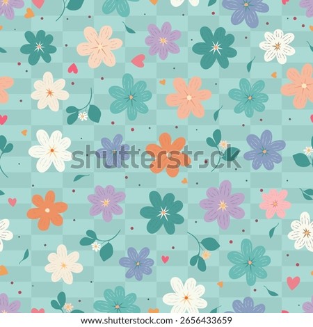 Playful Floral Seamless Pattern on Aqua Grid