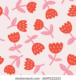 Playful floral seamless pattern with whimsical tulip flowers on a pink background. Great for spring-themed projects, fabric prints, wallpapers, and cheerful stationery designs. Vector illustration.