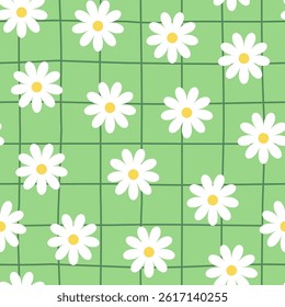 Playful floral seamless pattern with white daisies on a light green background and loose grid lines in flat cartoon style for packaging, fabric, wrapping paper, kids decor, etc.