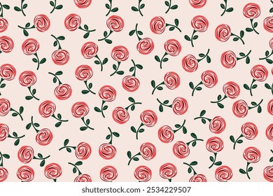 Patrón de remolino floral juguetón con flores rojas en beige suave