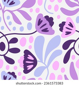 Playful flowers abstract seamless pattern. Purple floral seamless background with wavy flowers, branches, twigs, blossoms and dots. Repeat vector illustration