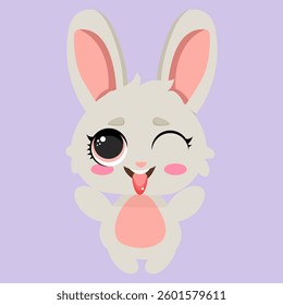 Playful fluffy bunny winking and sticking out its tongue on a pastel background. A cute and joyful design perfect for children's prints, nursery art, greeting cards, and Easter decorations