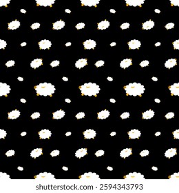 Playful, fluffy sheep hop across a midnight backdrop, their white woolly forms accented with cheerful yellow details. This whimsical native pattern brings pastoral charm and gentle humor.