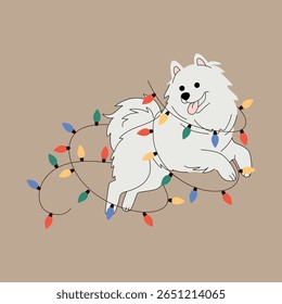 Playful fluffy white dog tangled in colorful Christmas lights. Festive cartoon illustration on beige background. Perfect for holiday cards, pet-themed designs, and winter celebration decor. Vector