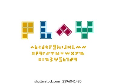 Playful font, trendy game alphabet, Latin letters and Arab numbers made in tetris style, vector illustration 10eps