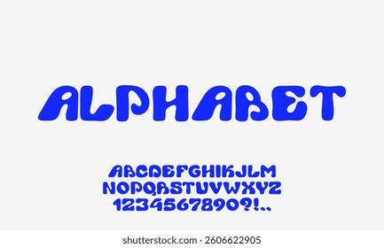 Playful font. Typeface with bubble balloon effect. Y2K alphabet. Wavy groovy letters. Bold contemporary typescript. Rounded font. Plump alphabet