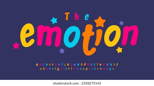 Playful font for vibrant colorful typography in childrens book, school project, birthday invitation, festive headline, greeting card, clothes, baby room, kids zone and toys logo. Vector letters