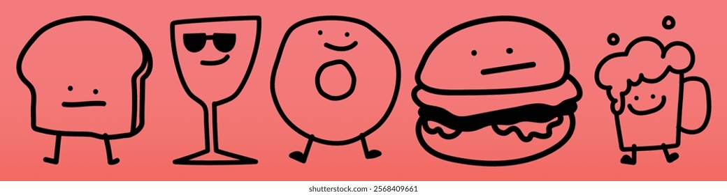 Playful food icons: bread, wine, donut, burger, beer. Cartoon style food: bread, wine, donut, burger, beer. Fun food icons: bread, wine, donut, burger, beer. Cute doodle icons vector set.