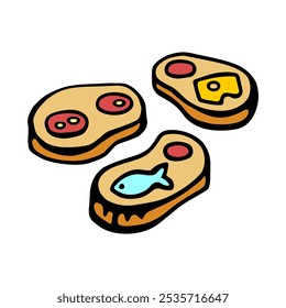 A playful food illustration featuring colorful open-faced sandwiches with cheese, tomato, and fish, perfect for fun culinary designs, kids' menus, or creative kitchen decor.