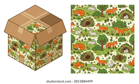 Playful forest animal pattern for children's gift boxes and retail.