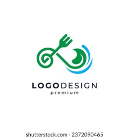 playful fork with leaf and water for salad and healthy food logo design	
