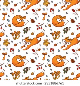 Playful fox in the autumn forest. Seamless pattern. Kid print. Vector.