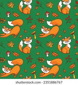 Playful fox in the autumn forest. Seamless pattern. Kid print . Vector.