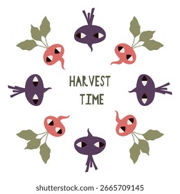 Spielerischer Frame Harvest Time Vektor mit stilisiertem Gemüse. Design mit stilisierten Wurzeln und Blättern.