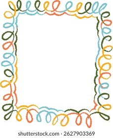 Uma moldura divertida com laços giratórios em um estilo de arte infantil. Linhas curvas formam uma borda caprichada, criando uma aparência divertida e animada. Ilustração de vetor de desenhos animados.