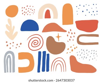 Playful Freeform Doodle Shape Collection. A vibrant collection of 22 abstract hand drawn elements including rainbows blobs textures arches and organic shapes in warm tones. Perfect for stickers poster