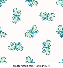 Playful fresh doodle butterfly shape seamless background. Modern trendy minimal retro style motif pattern. Hand drawn simple colorful design isolated on white. For young childish all over print. 