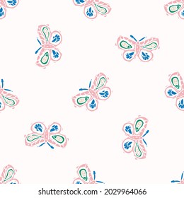 Playful fresh doodle butterfly shape seamless background. Modern trendy minimal retro style motif pattern. Hand drawn simple colorful design isolated on white. For young childish all over print. 
