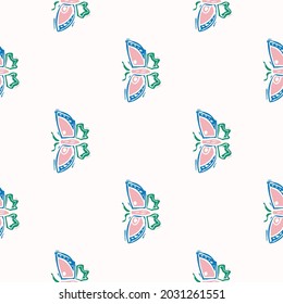 Playful fresh doodle butterfly shape seamless background. Modern trendy minimal retro style motif pattern. Hand drawn simple colorful design isolated on white. For young childish all over print. 